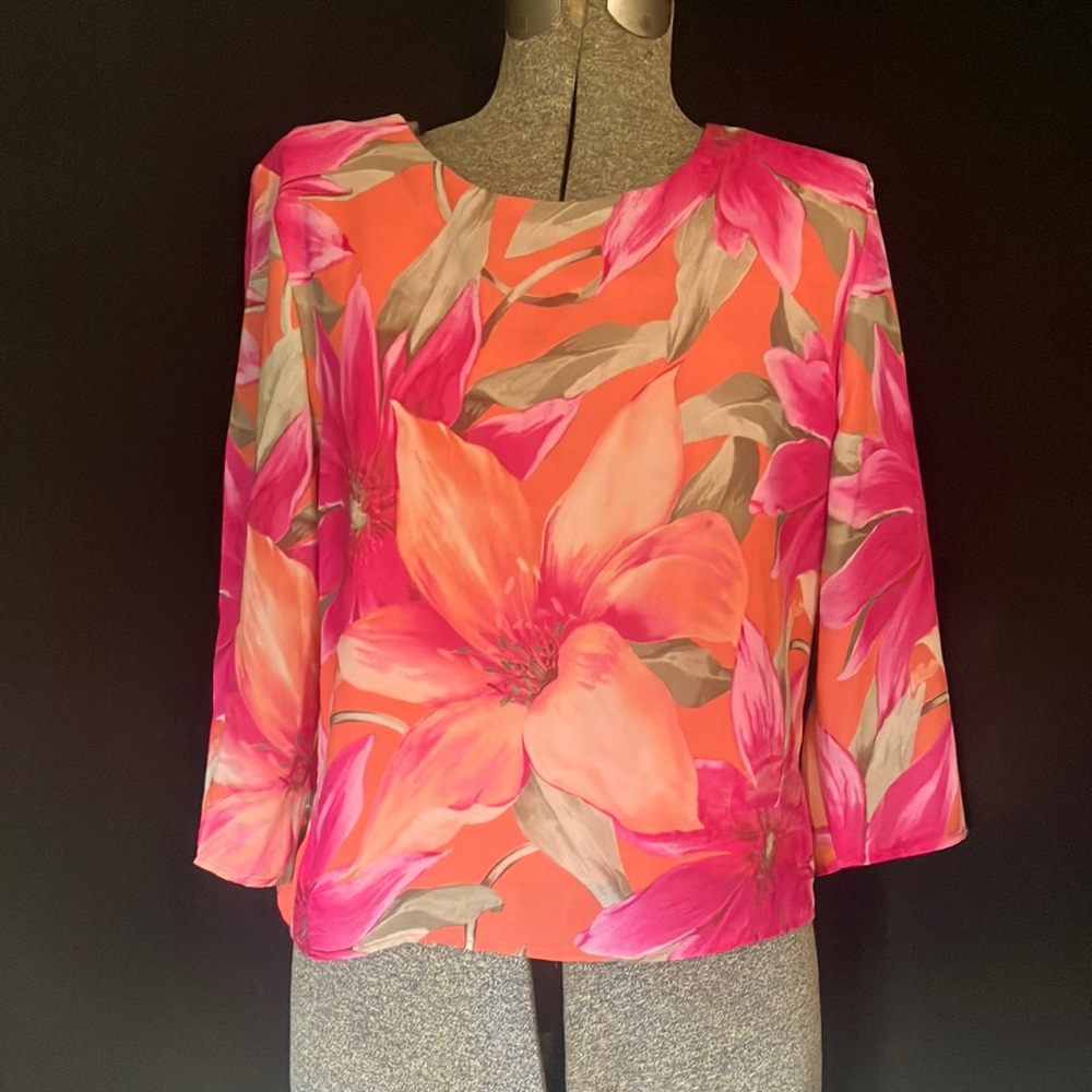 Vintage Giorgio Fiorlini Pink & Orange Floral Long-sleeve Boatneck Blouse 10